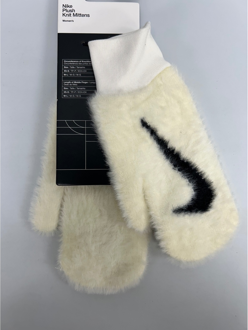 Nike Women's Plush Knit Mittens in Cream with Black Swoosh